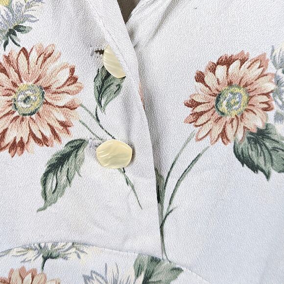 Vintage Floral White Sundress Midi Fit n Flare Collar Button Front Cottagecore S - Picture 2 of 10